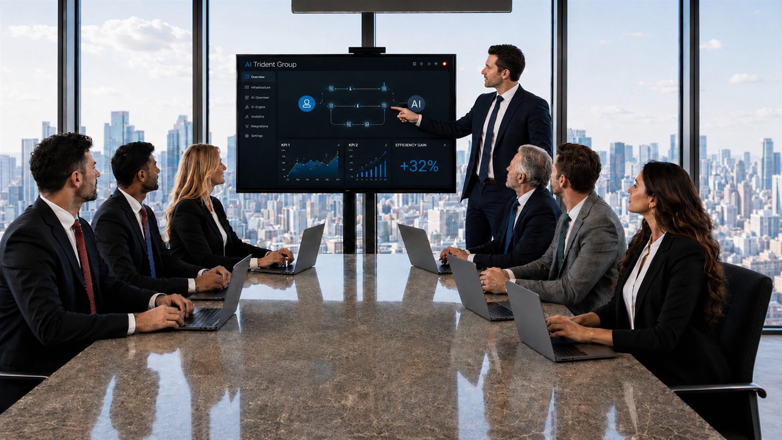 AI Trident Group consultants reviewing an AI workflow dashboard with a client leadership team in a boardroom